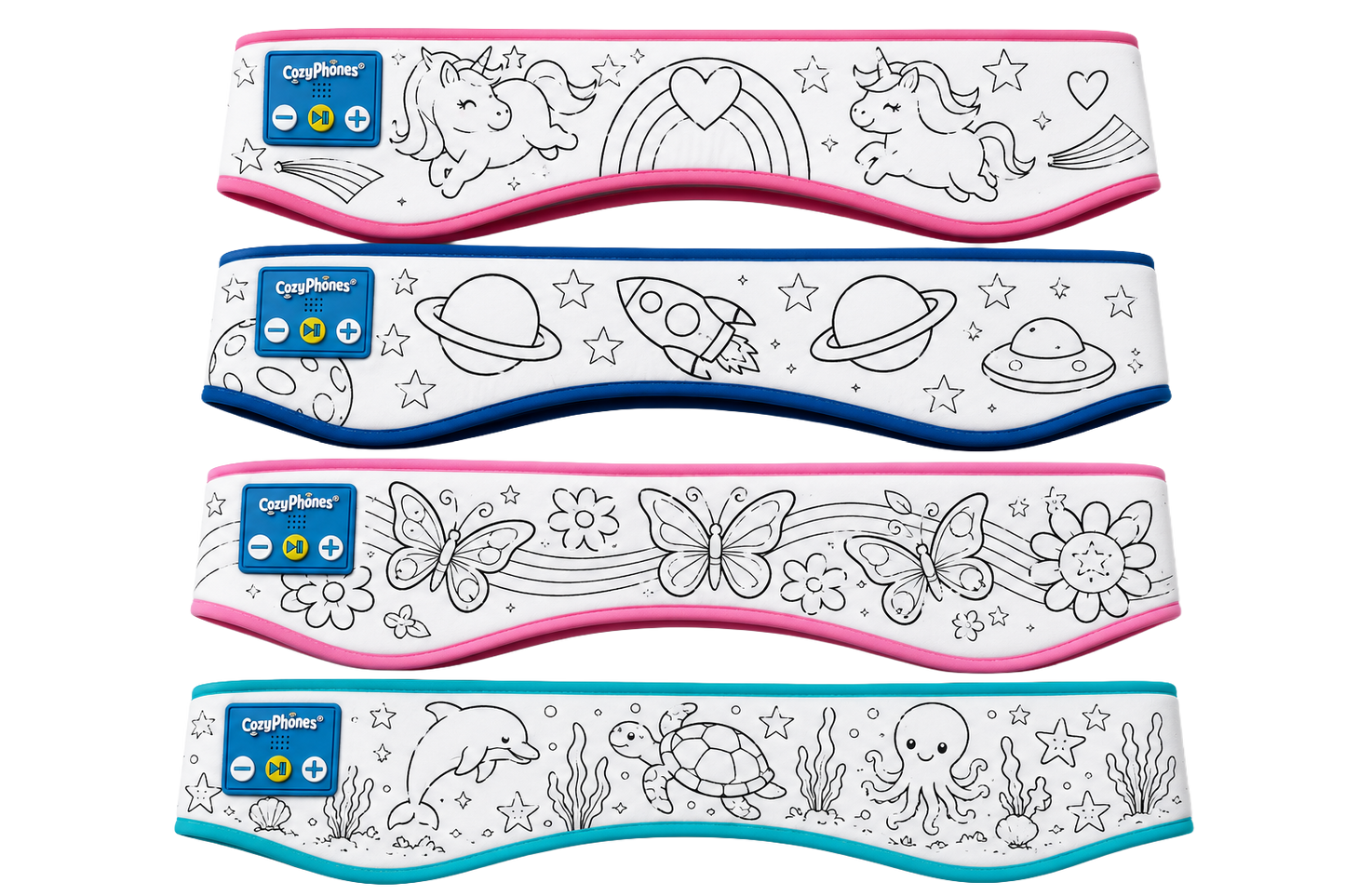 CozyPhones Color Me! headbands in four designs: Unicorns, Space, Butterflies, and Under the Sea